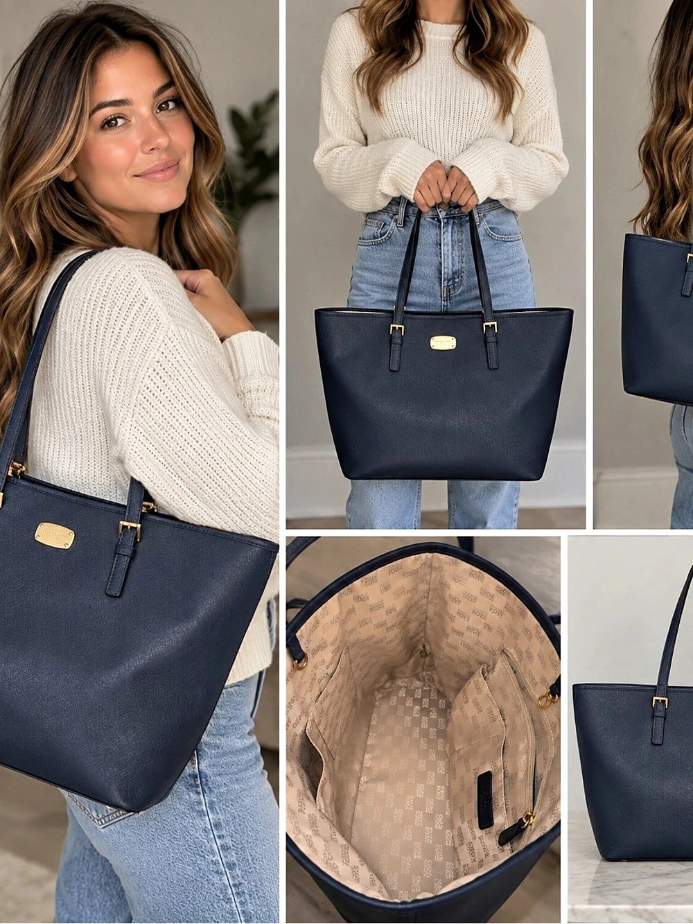 Michael Kors Navy Blue Saffiano Leather Large Tote Bag Gold Hardware